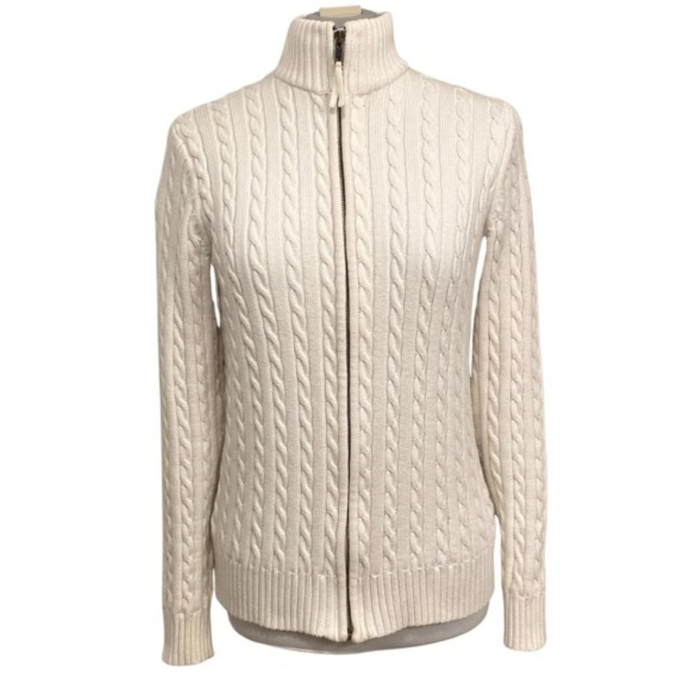 Denver Hayes SOFT cable knit full zipper cream cardigan sweater. Women's size S